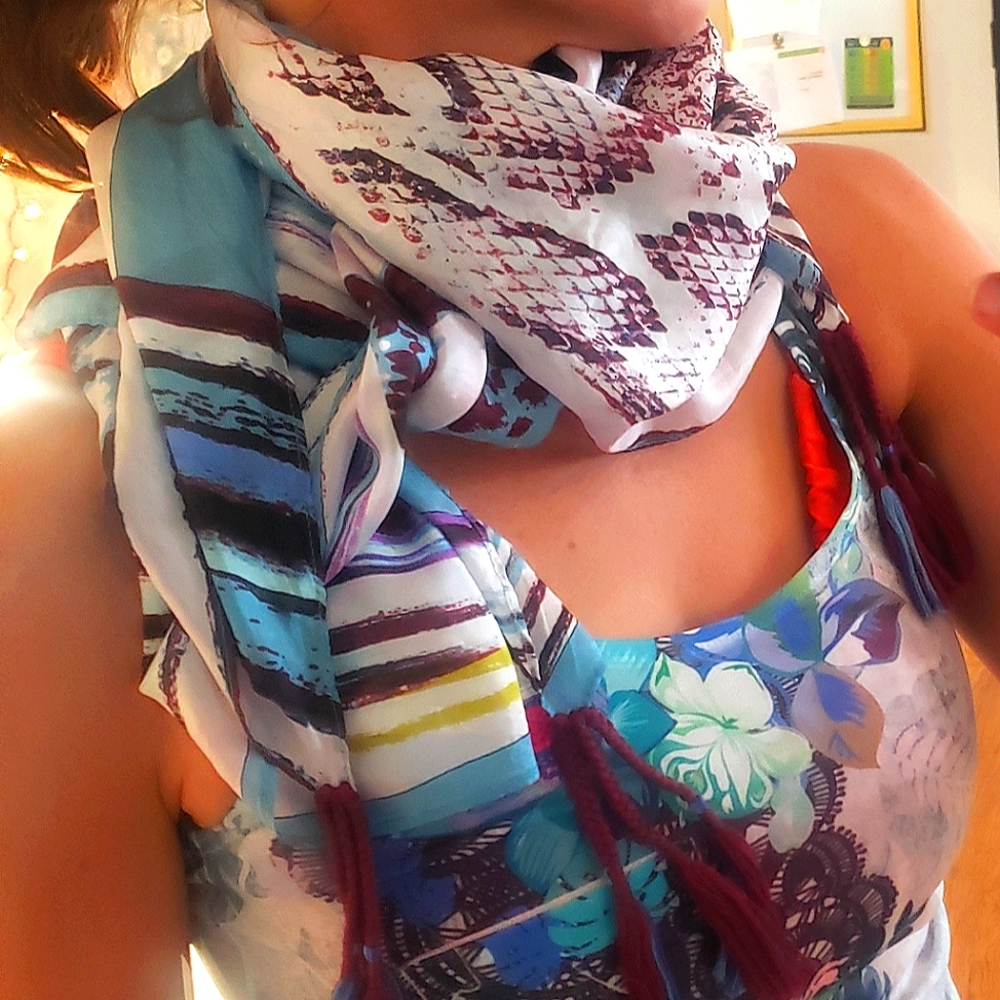 JOHNNY WAS 100% silk large 4 tassles scarf watercolor/snakeskin gorgeous